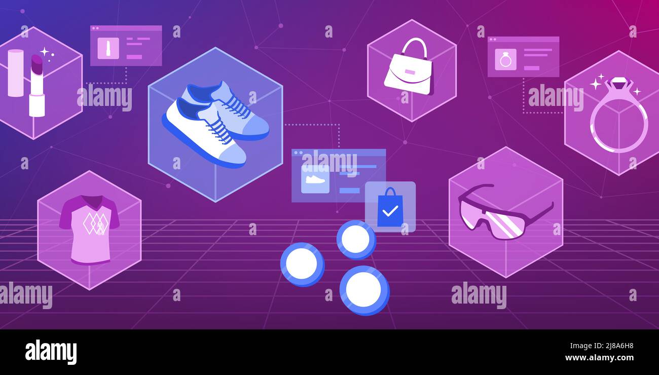 Articles de mode en vente dans le métaverse: le commerce et la vente au détail dans la réalité virtuelle Illustration de Vecteur