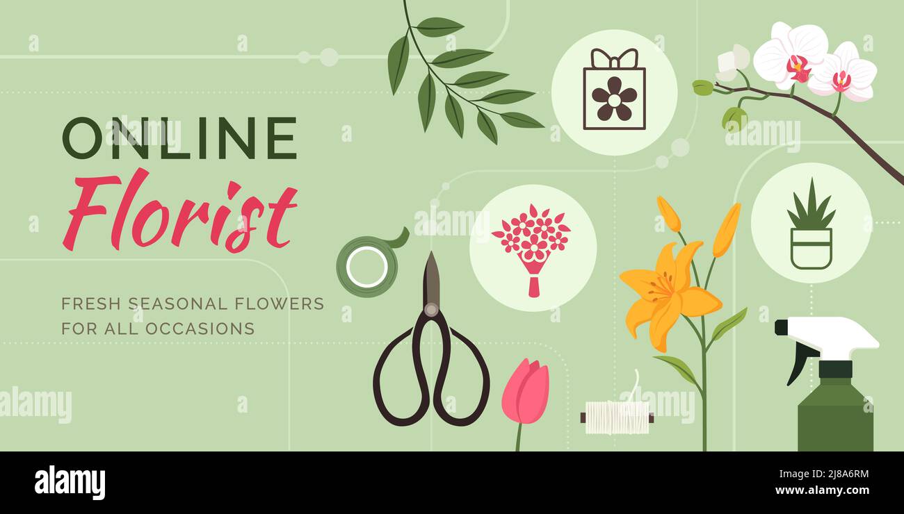 Bannière promotionnelle du service de fleuriste en ligne : de belles fleurs coupées et des outils Illustration de Vecteur