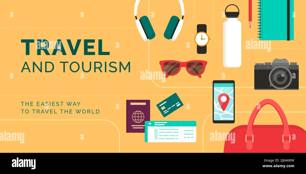 Services de voyage et de tourisme internationaux : accessoires de voyage, documents et billets d'avion Illustration de Vecteur