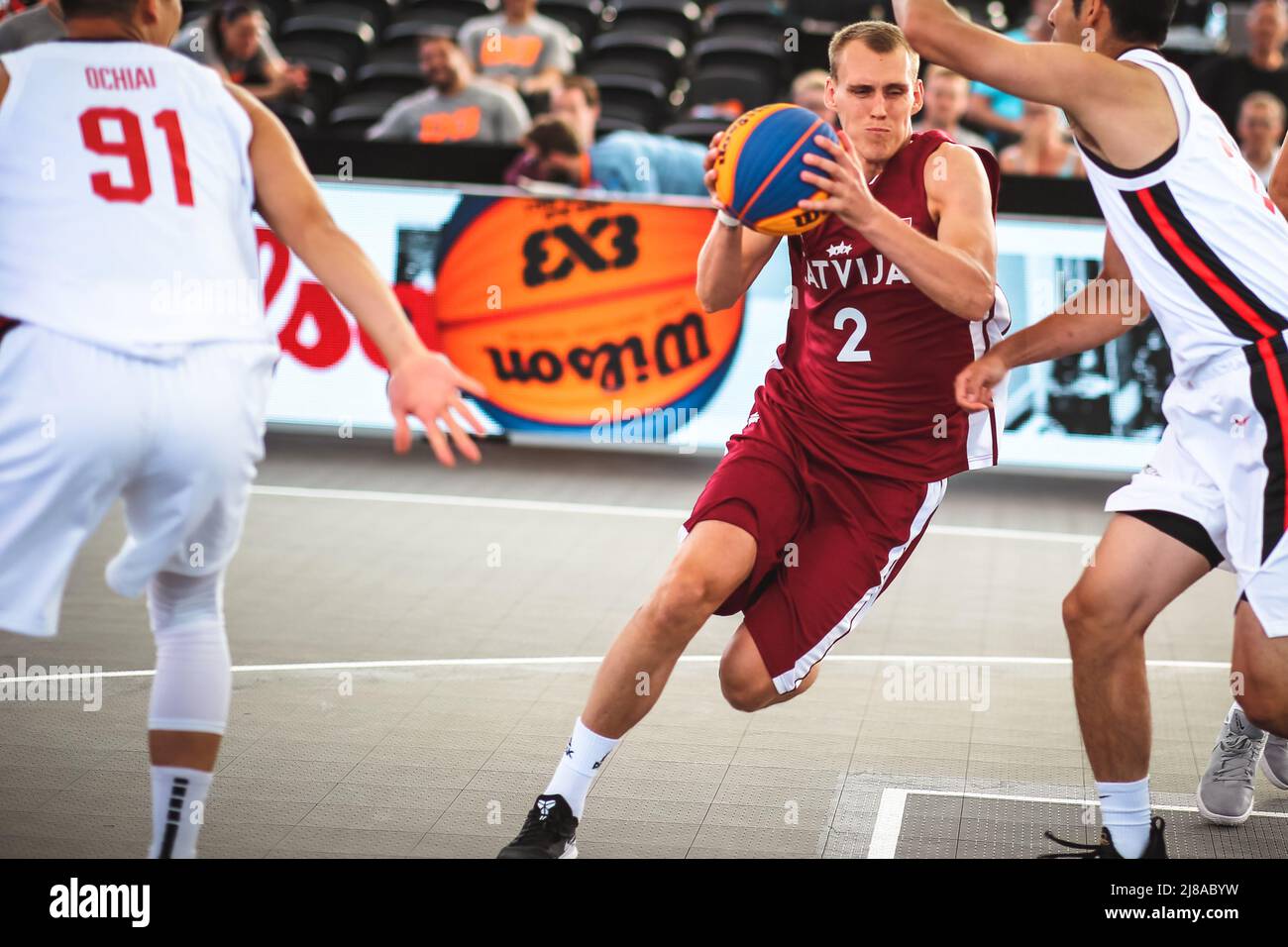 Amsterdam, pays-Bas, 18 juin 2019: Le joueur de basket-ball letton Nauris Miezis en action lors de la coupe du monde de basket-ball 3x3 de la FIBA Banque D'Images