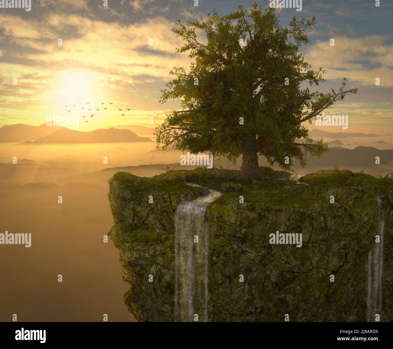 Image symbolique de l'arbre de vie, debout au-dessus des montagnes promettant l'immortalité, rendu en 3D. Banque D'Images