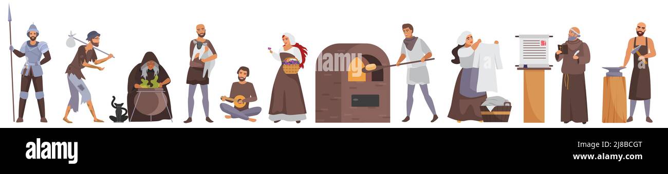 Illustration vectorielle de la population médiévale. Chevalier de dessin animé guerrier en armure, prêtre et mendiant, famille de paysans, forgeron dans les costumes historiques isolé blanc. Âge moyen, concept de conte de fées Illustration de Vecteur