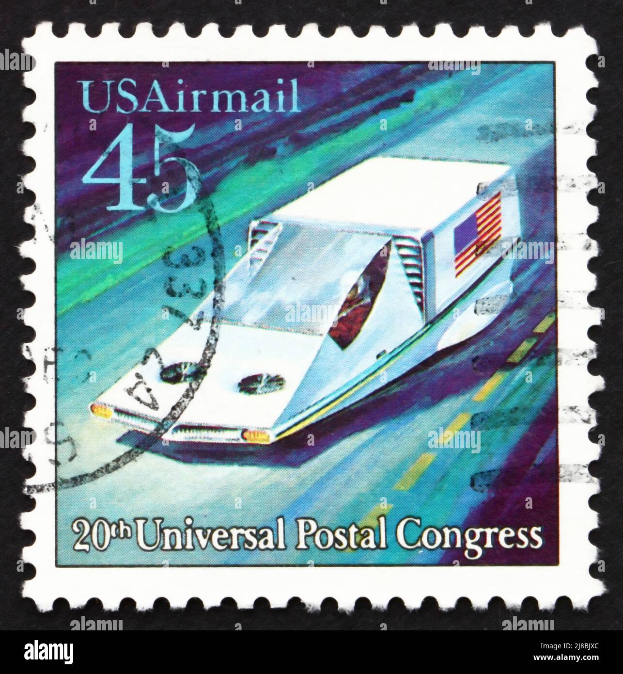 ÉTATS-UNIS D'AMÉRIQUE - VERS 1989: Un timbre imprimé aux États-Unis montre Air-suspendu Hover car, futuriste Mail Delivery, vers 1989 Banque D'Images