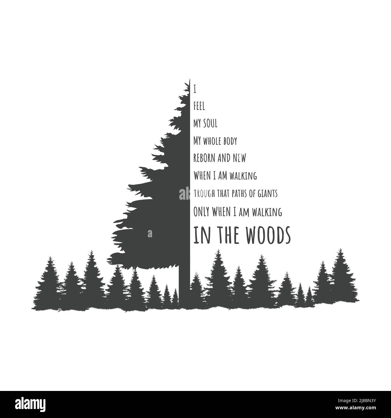 Lettrage avec texte et motif vectoriel de pins. Inscription randonnée pour les amoureux de la nature. Illustration de Vecteur