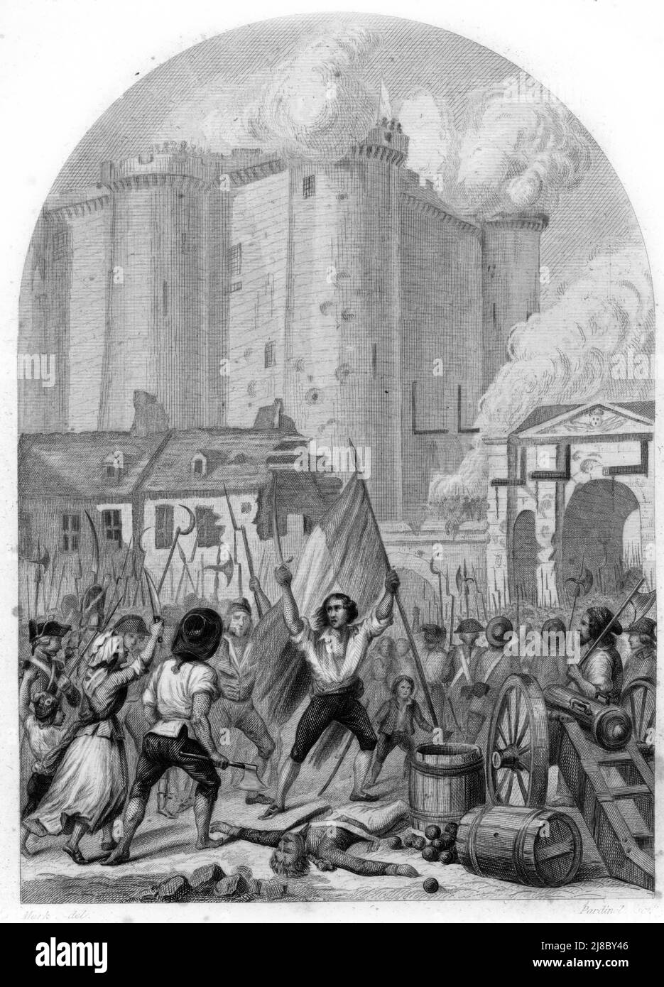 Représentation de la pry de la Bastille le 14 juillet 1789 (convoiement de la Bastille 14 juillet 1789) Gravoure tiree de 'Histoire de la Bastille' de Maquet 1844 Collection privee Banque D'Images