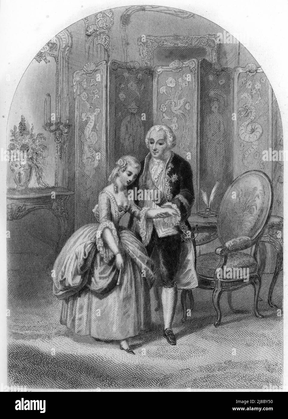 Rencontre du roi Louis XV (1715-1774) et de Louise-Jeanne Tiercelin de la Colleterie dite Madame de Bonneval (1746-1779) fr 1760 - Elle déviendra sa maitresse uis sera enfermee a la Bastille pour ses tentatifs de légitimation de son fils en 1765 (Louise-Jeanne Tiercelin de la Colleterie et roi Louis XV de France 1760) Gravure tiree de 'Histoire de la Bastille' de Maquet 1844 Collection privee Banque D'Images