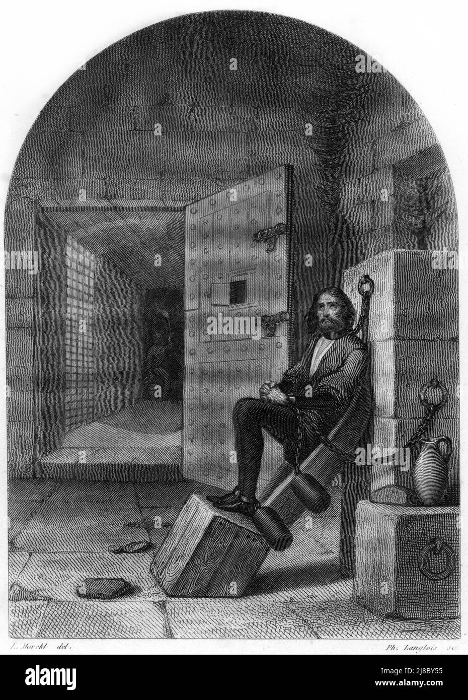 Représentation d'un prisonnier attaché dans une cellule de la prison de la Bastille au moment de la révolution 1789 (Un prisonnier pendant le 14th juillet 1789) Gravoure tiree de 'Histoire de la Bastille' de Maquet 1844 Collection privee Banque D'Images