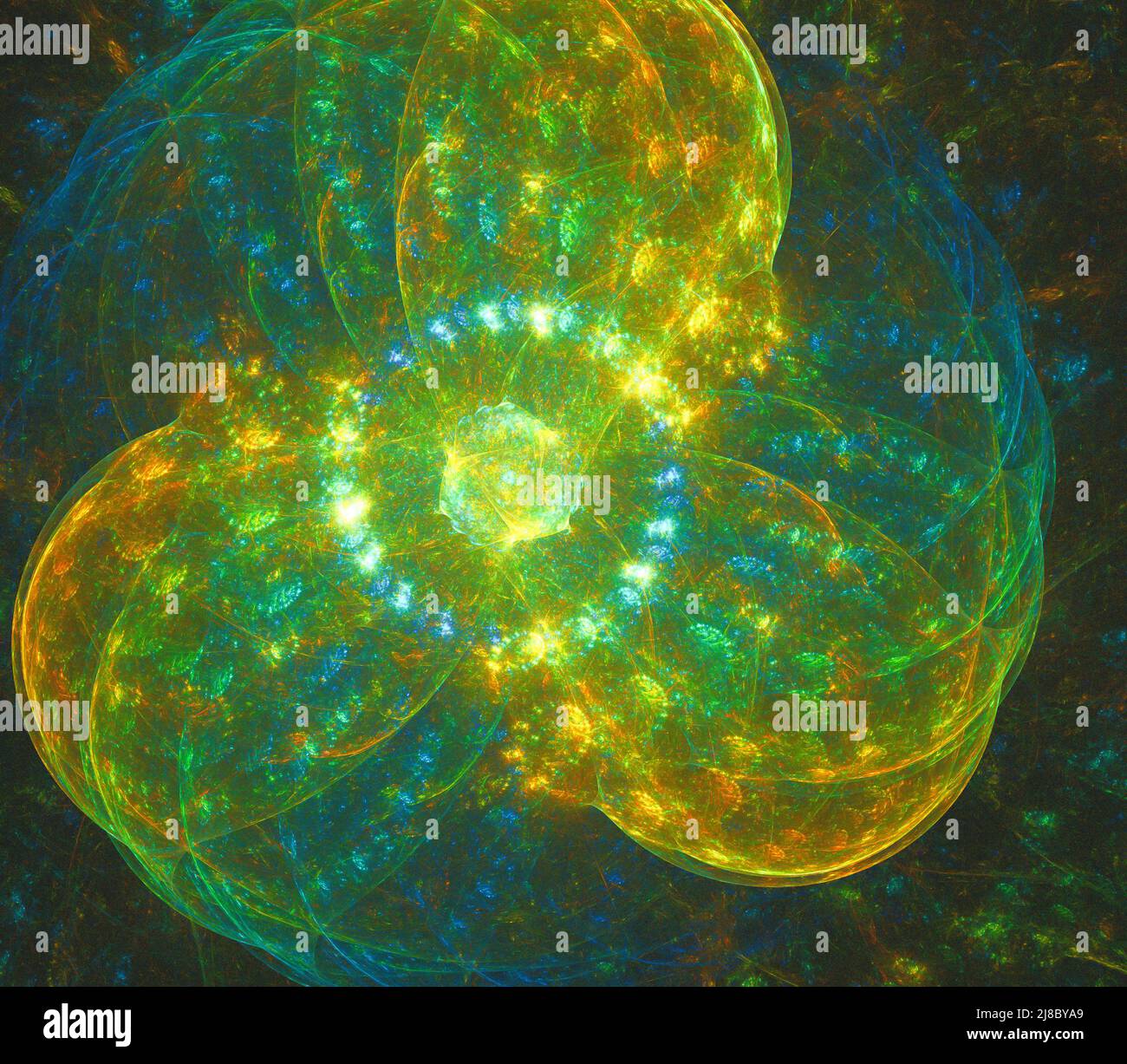 Arrière-plan abstrait de l'art fractal, évocateur de l'astronomie et de la nébuleuse. Nébuleuse d'illustration fractale générée par ordinateur dans des roues vertes jaunes. Banque D'Images