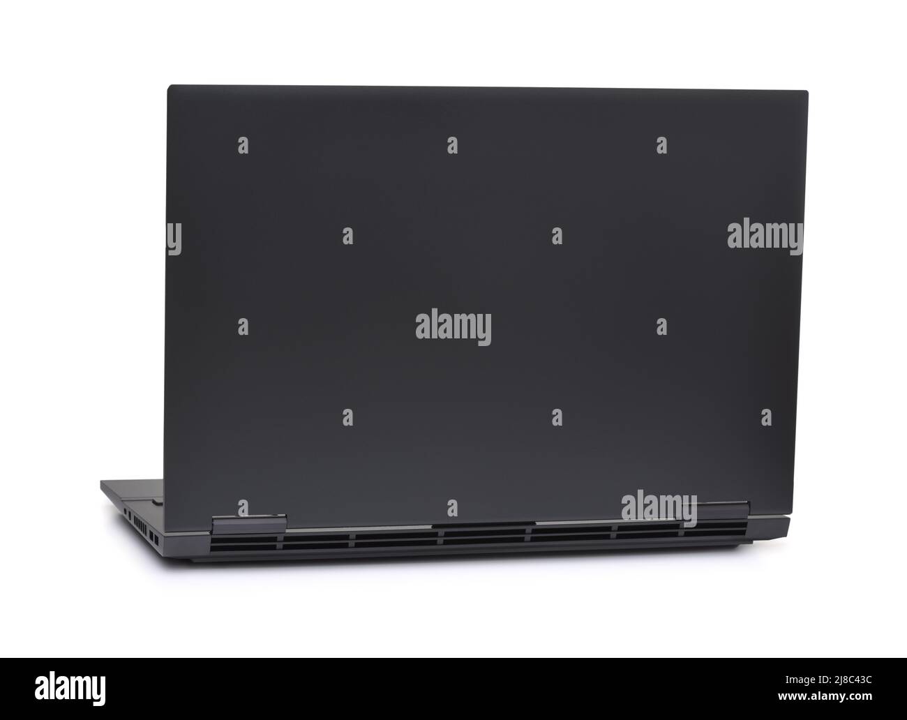 Vue arrière de l'ordinateur portable blanc fin gris ouvert isolé sur blanc Banque D'Images