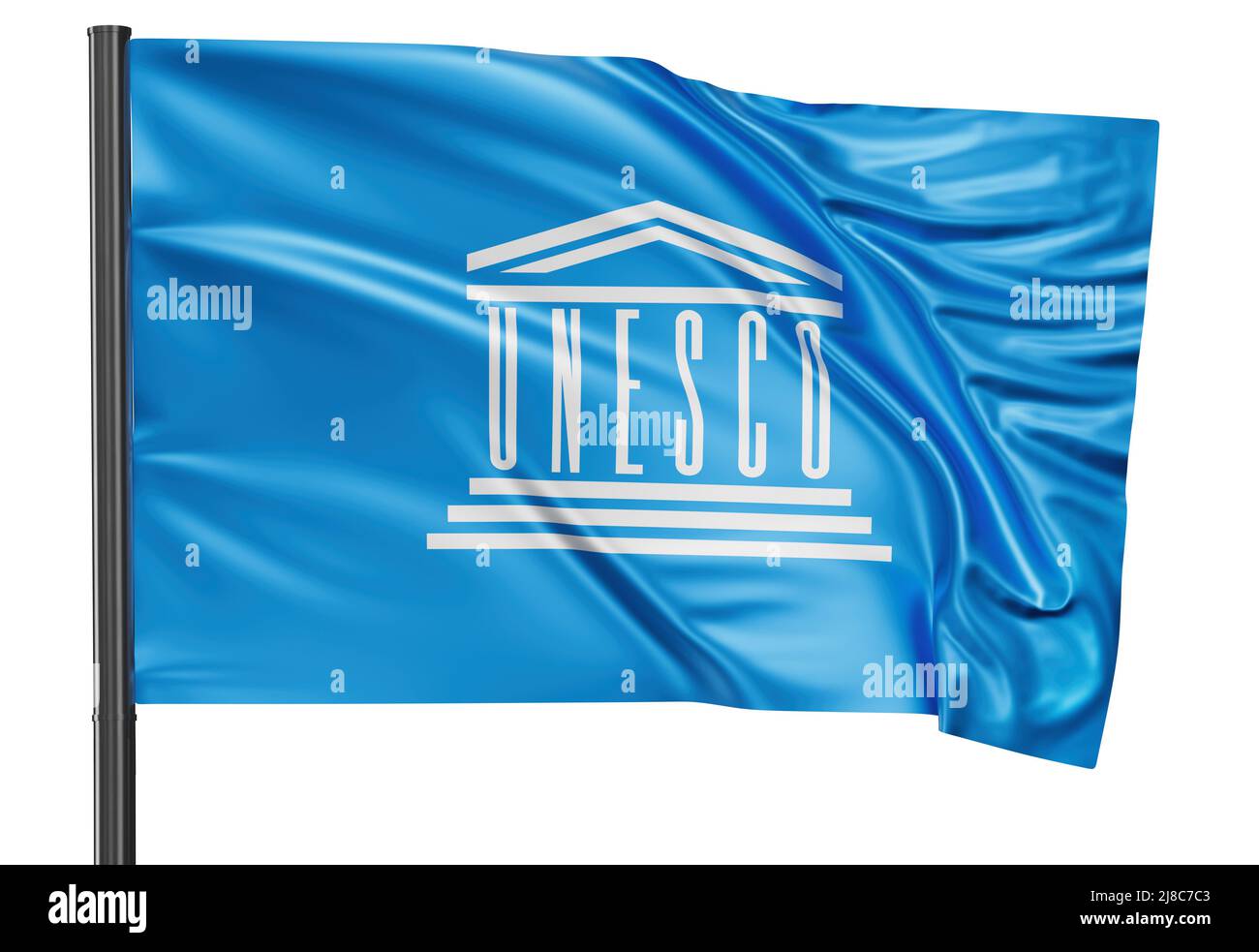 Organisation des Nations Unies pour l'éducation, la science et la culture, drapeau de l'UNESCO qui agite dans le vent. Isolé sur fond blanc 3D illustration Banque D'Images
