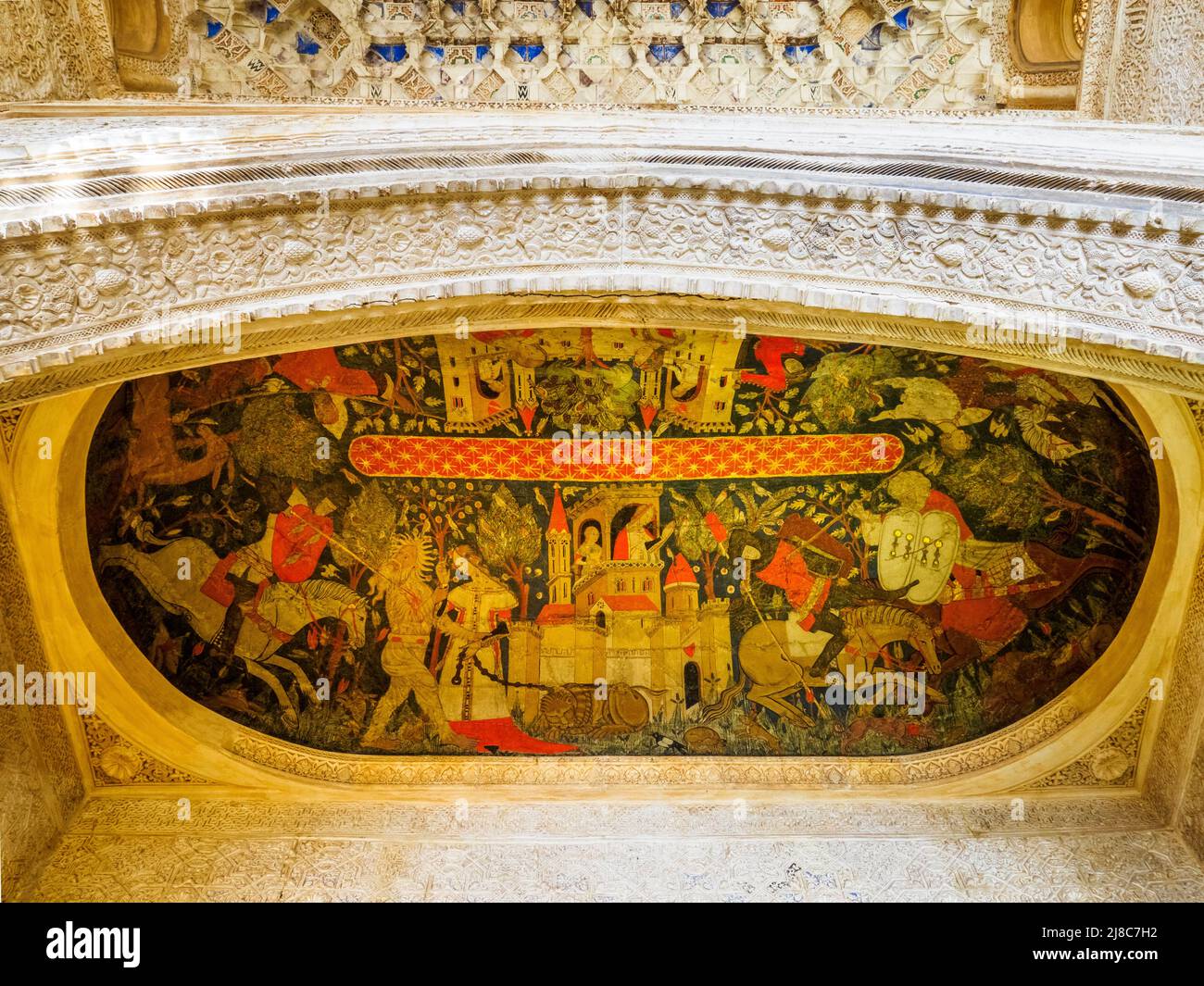 Peinture sur le plafond d'une alcôve dans la salle des Rois (Sala de los Reyes) dans les palais royaux de Nasrid - complexe de l'Alhambra - Grenade, Espagne Banque D'Images