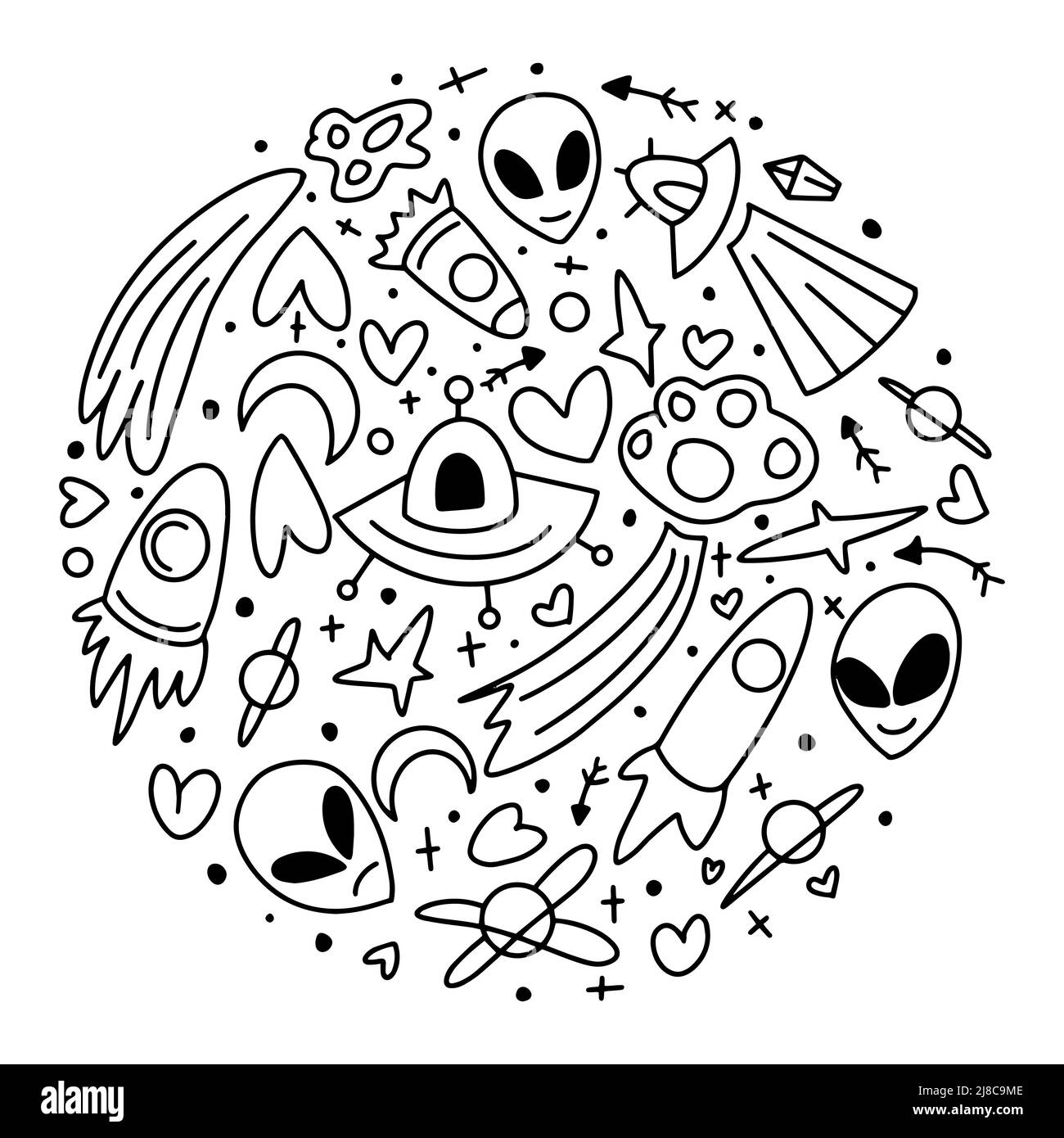 Ensemble de Doodle d'esquisse d'espace extérieur vectoriel. Espace. Ensemble d'éléments OVNIS doodle sur un fond isolé. Illustration de Vecteur