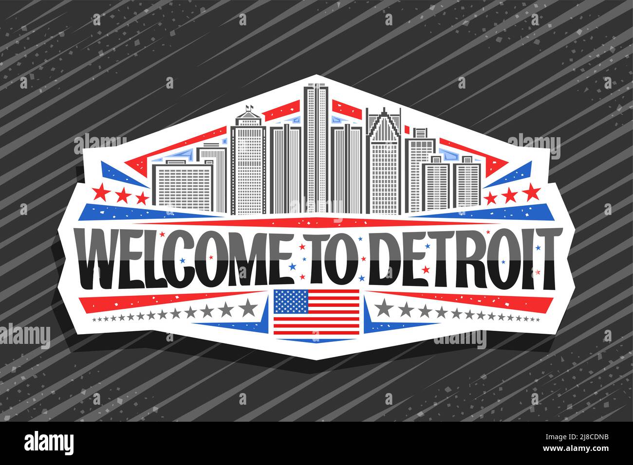 Logo Vector pour Detroit, signe décoratif blanc avec illustration de detroit paysage de ville sur fond ciel de jour, art design réfrigérateur aimant avec uniq Illustration de Vecteur