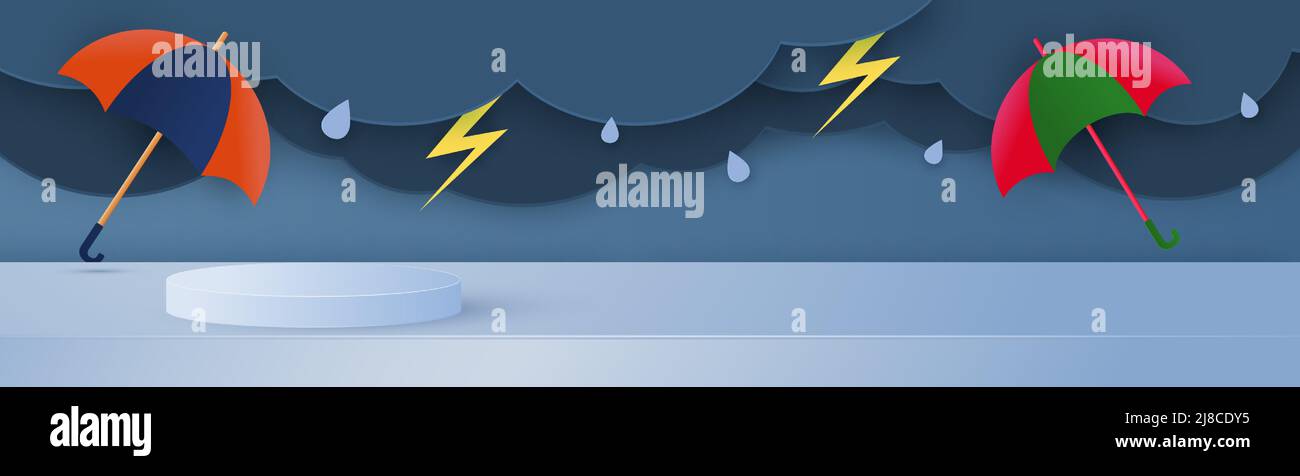 Podium pour présenter des produits pendant la saison des pluies. Design avec des nuages et des gouttes de pluie sur un fond de ciel bleu. Style de coupe du papier. Vecteur Illustration de Vecteur