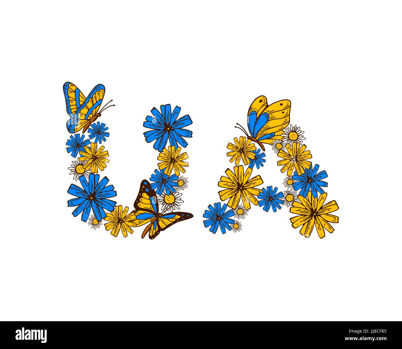 Lettres UA drapeau ukrainien couleurs jaune et bleu. Contre le concept de guerre. Support à motif Ukraine. Illustration vectorielle dessinée à la main Illustration de Vecteur