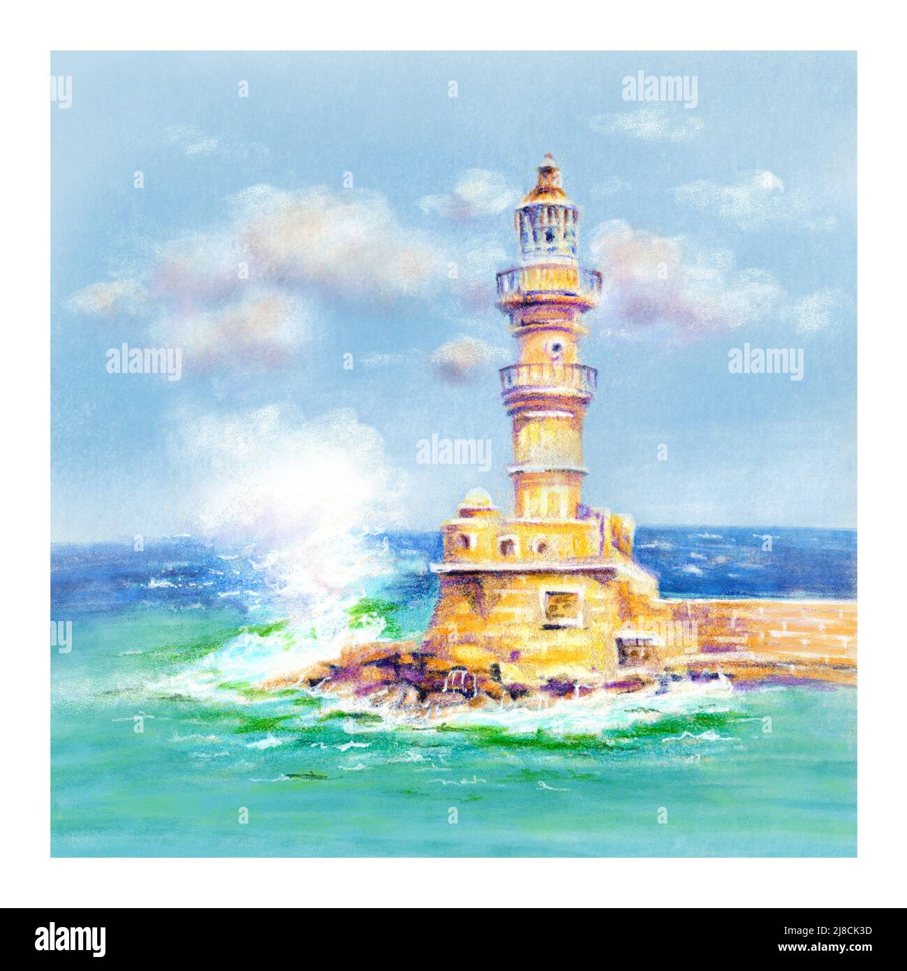 Crayons de couleur coplée croquis du phare dans le vieux port de Chania, Crète, Grèce Banque D'Images