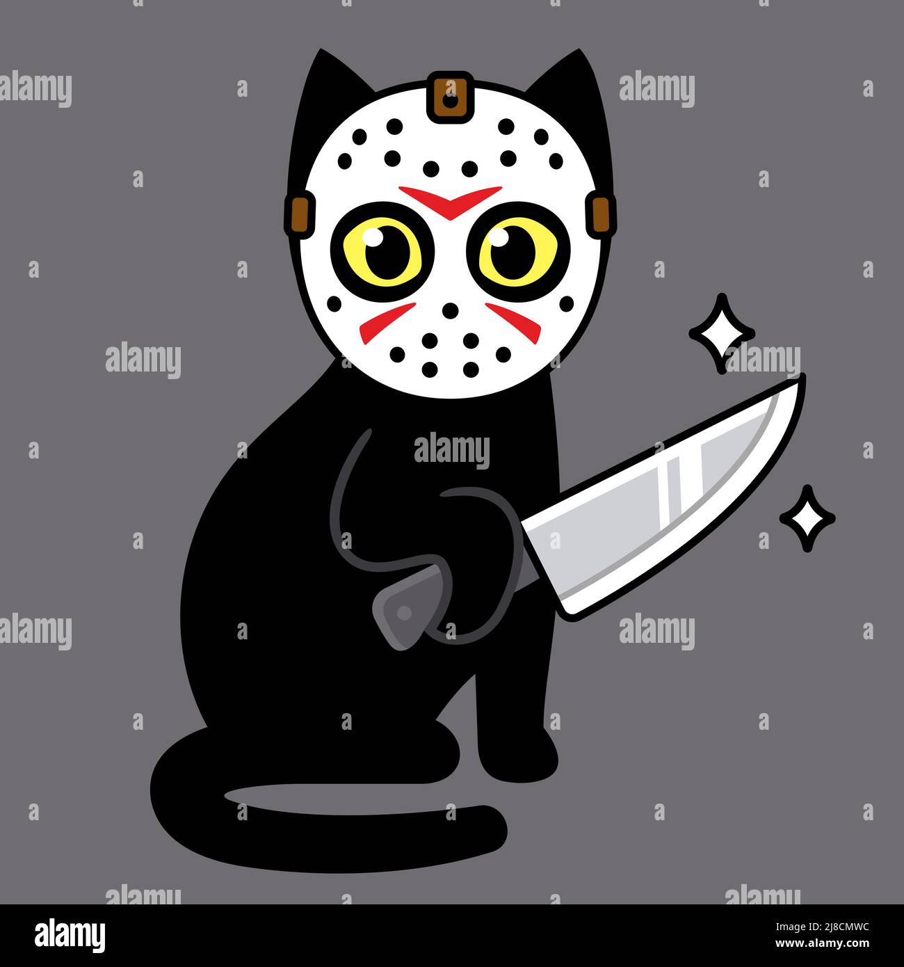 Drôle vendredi 13 dessin de dessin animé, mignon chat noir en série tueur masque tenant un couteau. Illustration de vecteur d'humour d'horreur. Illustration de Vecteur