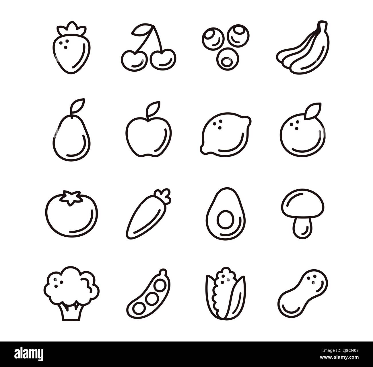 Dessins animés à la main, des icônes de fruits et de légumes. Dessin au trait noir et blanc. Pictogrammes simples mignons, jeu d'illustrations vectorielles. Illustration de Vecteur