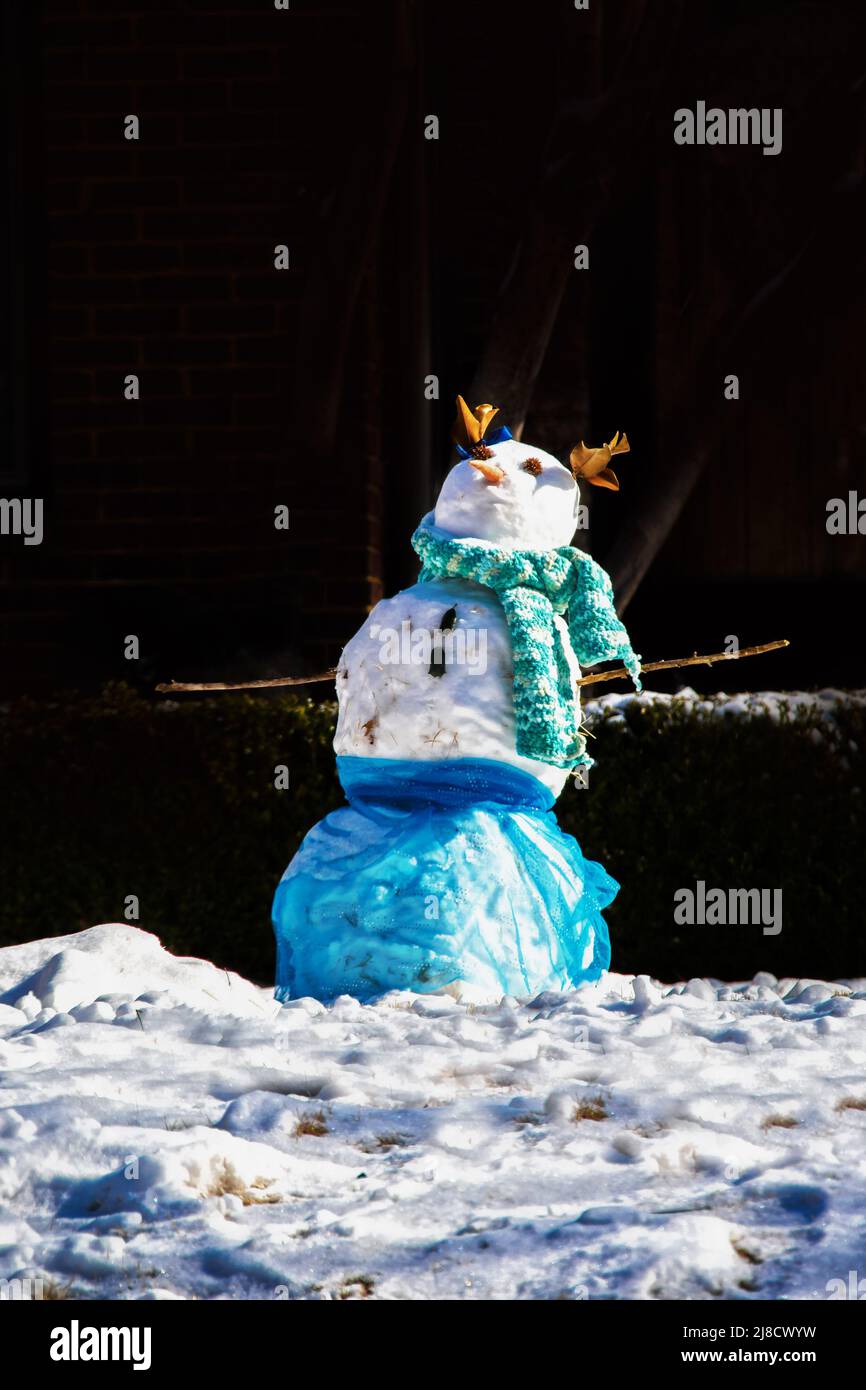 Prima Donna Dancer Snow Princess avec des bavures pour les yeux et les feuilles pour les cheveux avec une écharpe et une jupe de tulle bleue prenant un arc contre le backgro foncé Banque D'Images