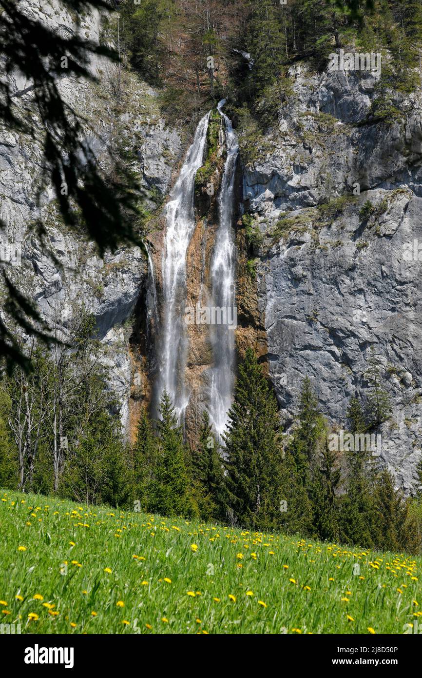 Une face rocheuse avec chute d'eau dans le parc national de Gesäuse, Styrie, Autriche Banque D'Images