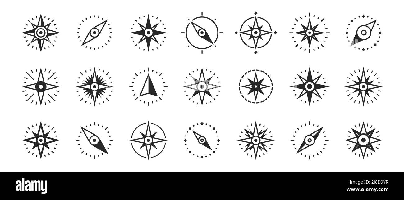 Symbole de boussole de navigation. Ensemble d'icônes de rose marine. Position géographique, cartographie et vecteur de navigation Illustration de Vecteur