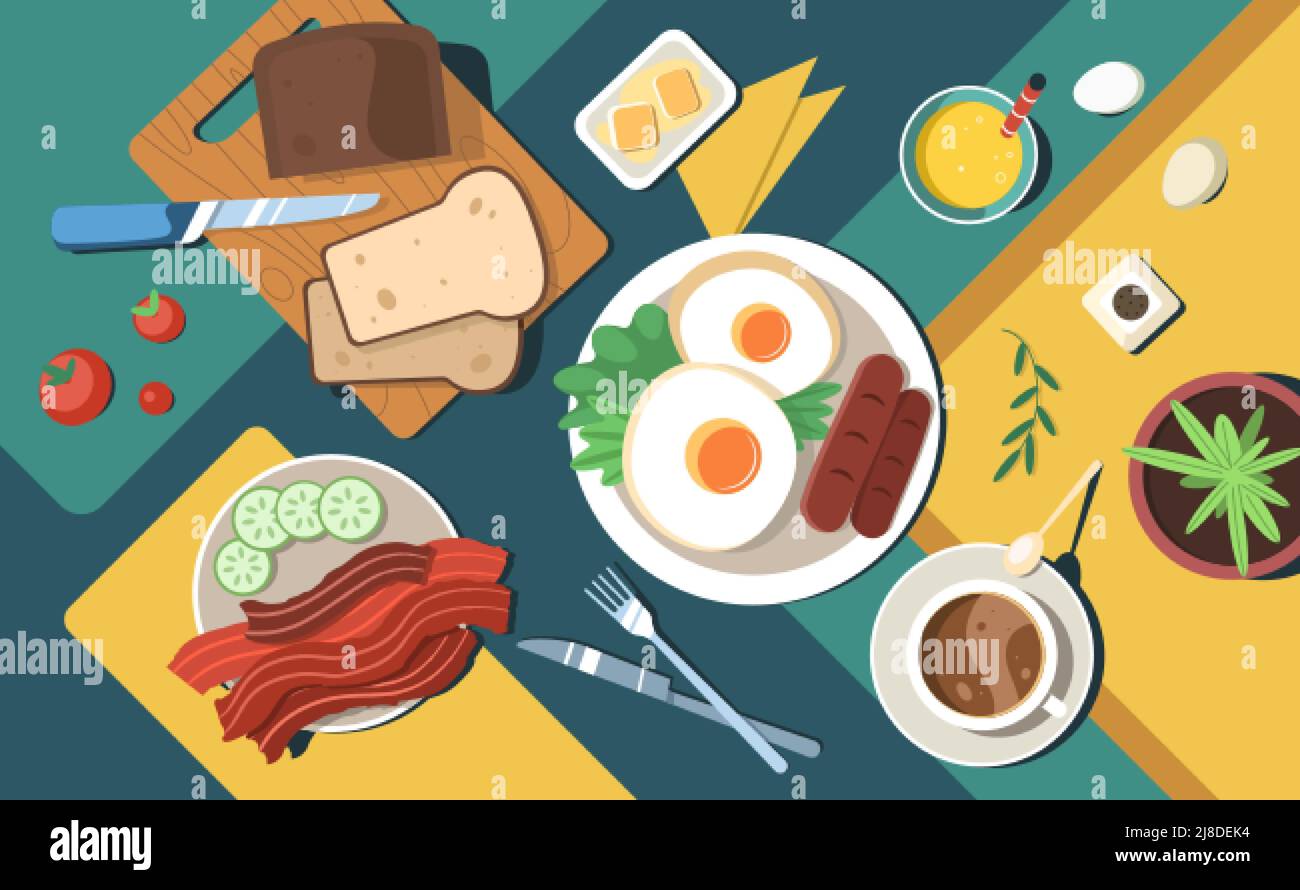 Assiette avec vue sur le dessus de la nourriture, table plate avec repas. Petit-déjeuner anglais complet traditionnel avec œufs frits, saucisses, bacon, tomates, toasts et boissons. Brunch américain avec viande, pain, jus d'orange et café Illustration de Vecteur