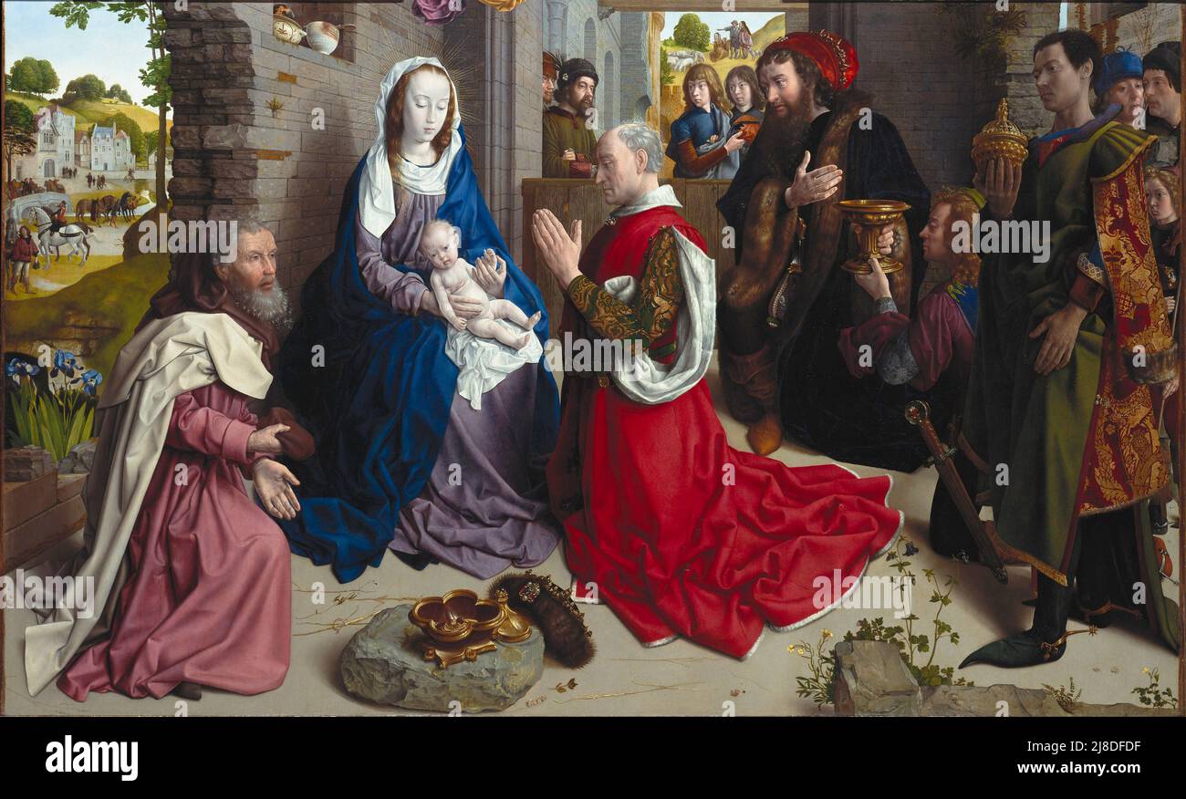 L'adoration du Magi par Hugo van der va. Dans ce mythe chrétien, trois sages hommes ou rois viennent visiter le nouveau-né jésus et le reconnaissent comme le messie et fils de dieu. Banque D'Images