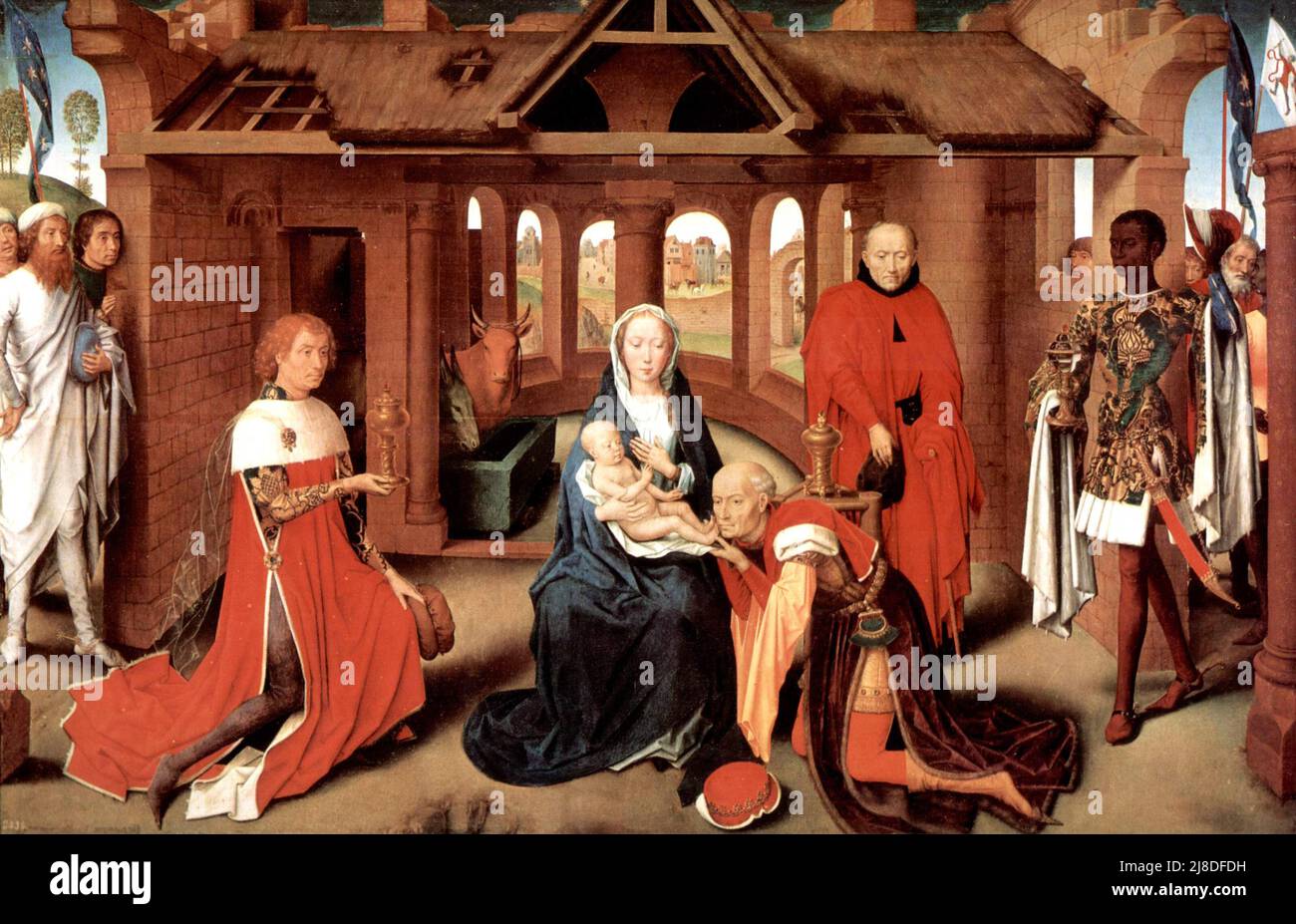 L'adoration des Mages par Hans Memling. Dans ce mythe chrétien, trois sages hommes ou rois viennent visiter le nouveau-né jésus et le reconnaissent comme le messie et fils de dieu. Banque D'Images