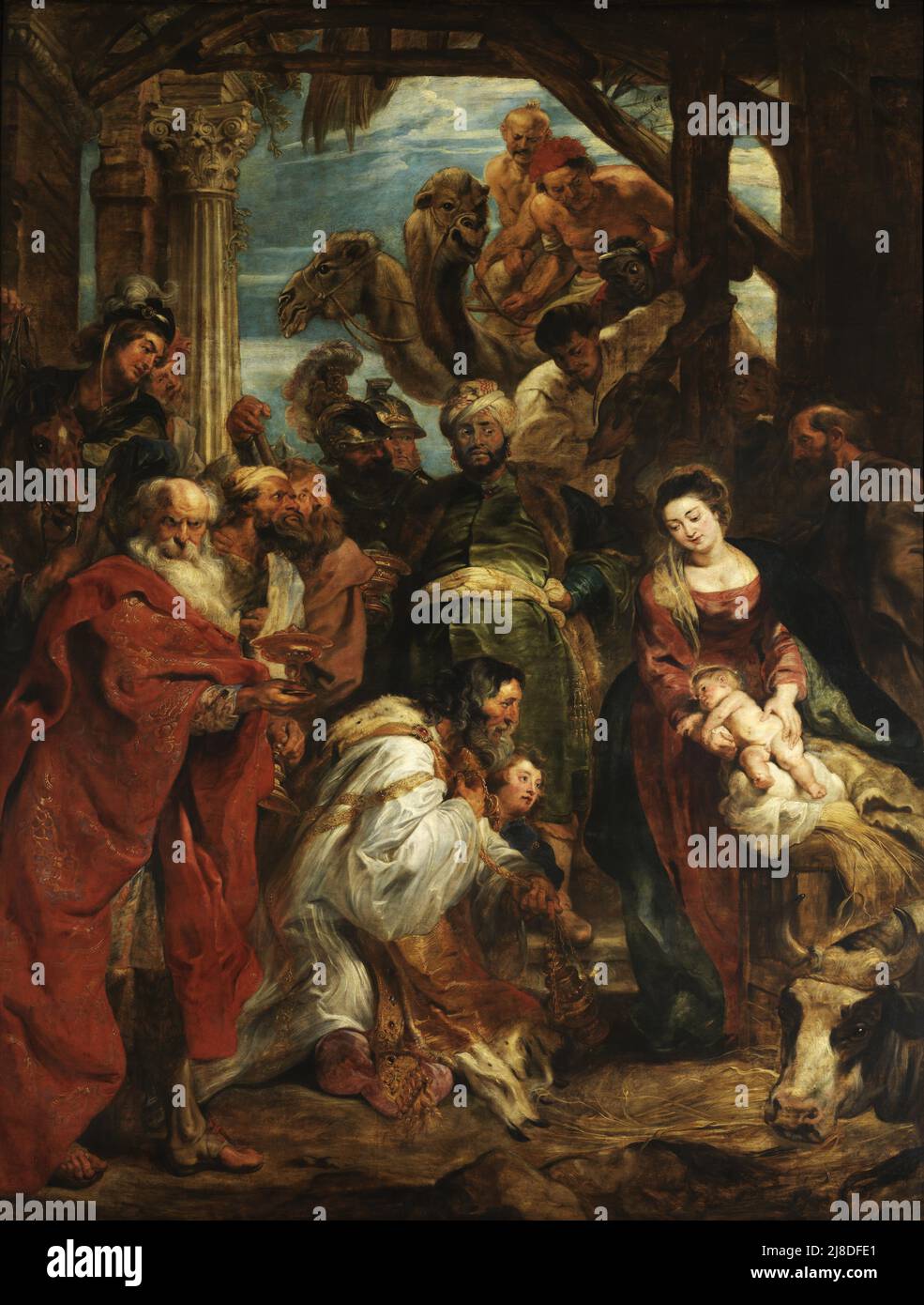 L'adoration du Magi par Rubens. Dans ce mythe chrétien, trois sages hommes ou rois viennent visiter le nouveau-né jésus et le reconnaissent comme le messie et fils de dieu. Banque D'Images