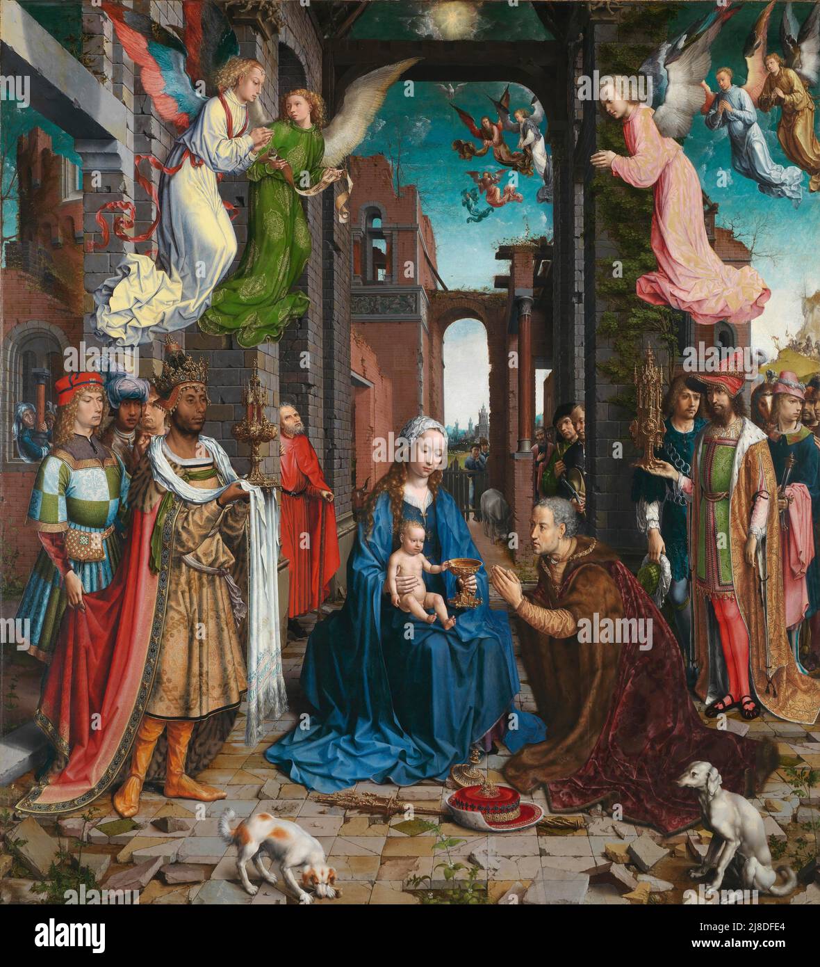 L'adoration des Magi par Jan Gossaert. Dans ce mythe chrétien, trois sages hommes ou rois viennent visiter le nouveau-né jésus et le reconnaissent comme le messie et fils de dieu. Banque D'Images