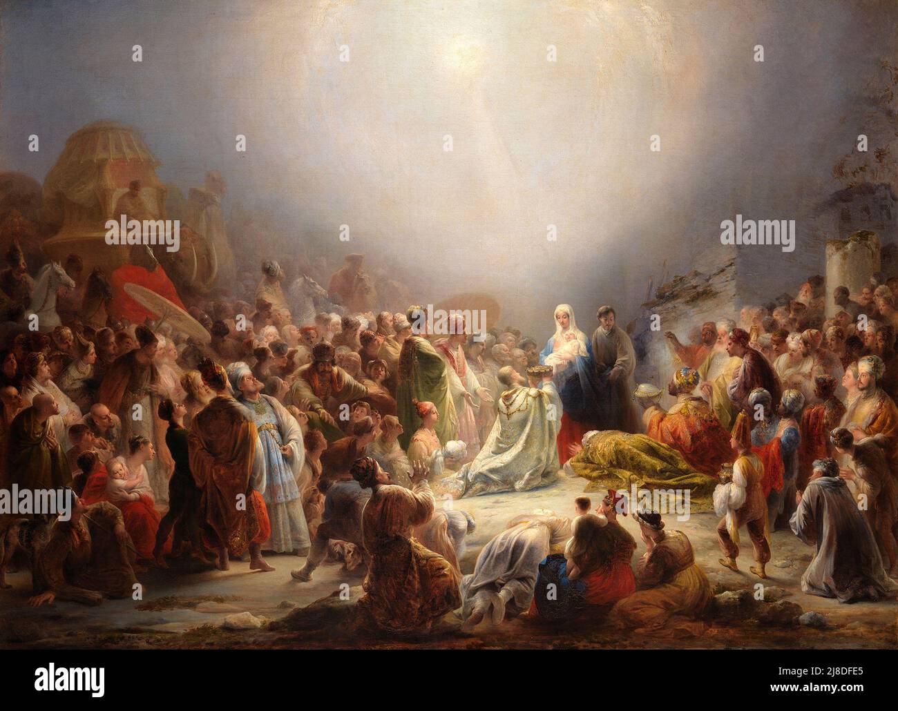 L'adoration du Magi par Domingo Sequeira. Dans ce mythe chrétien, trois sages hommes ou rois viennent visiter le nouveau-né jésus et le reconnaissent comme le messie et fils de dieu. Banque D'Images
