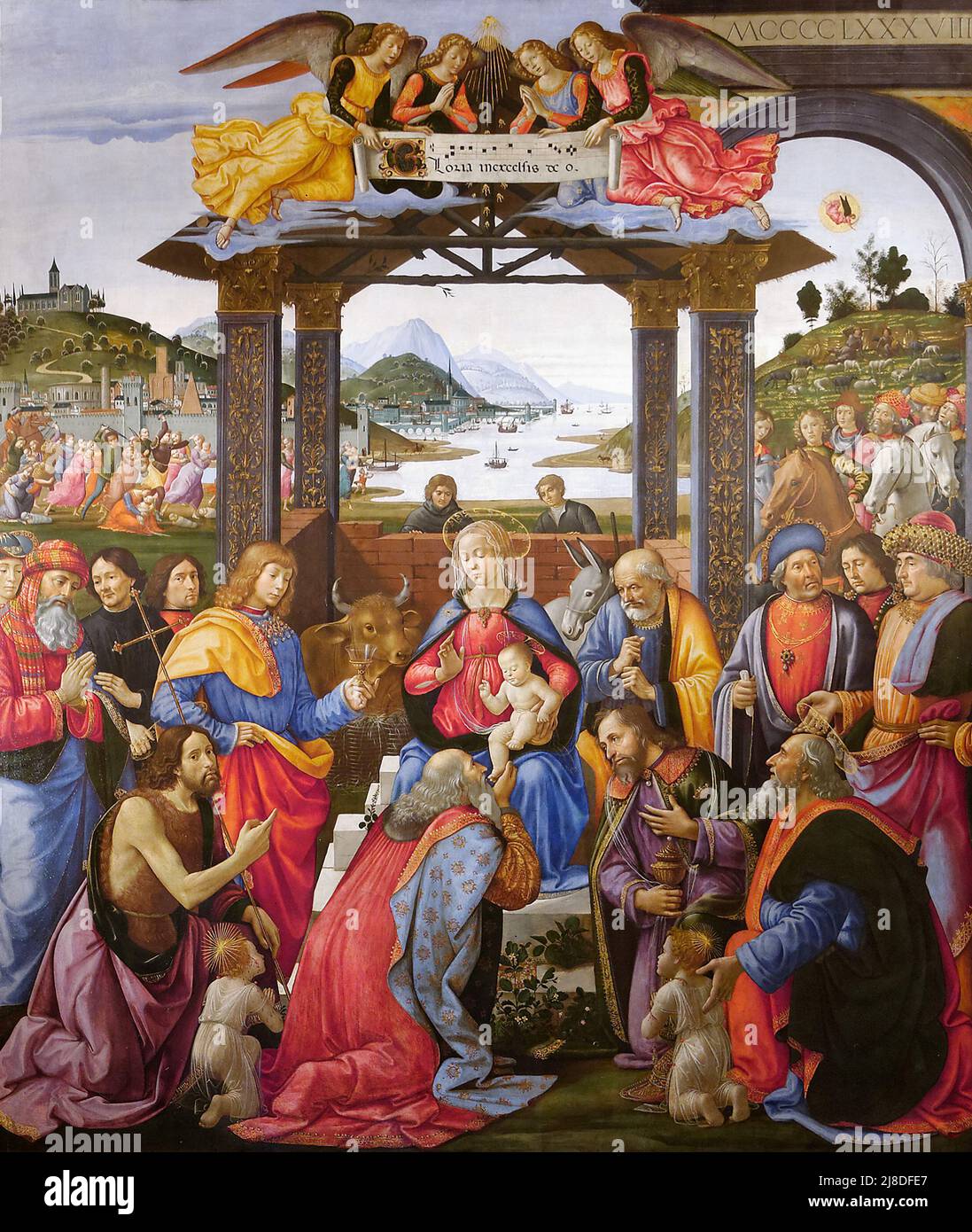 L'adoration des Magi par Domenico Ghirlandaio. Dans ce mythe chrétien, trois sages hommes ou rois viennent visiter le nouveau-né jésus et le reconnaissent comme le messie et fils de dieu. Banque D'Images