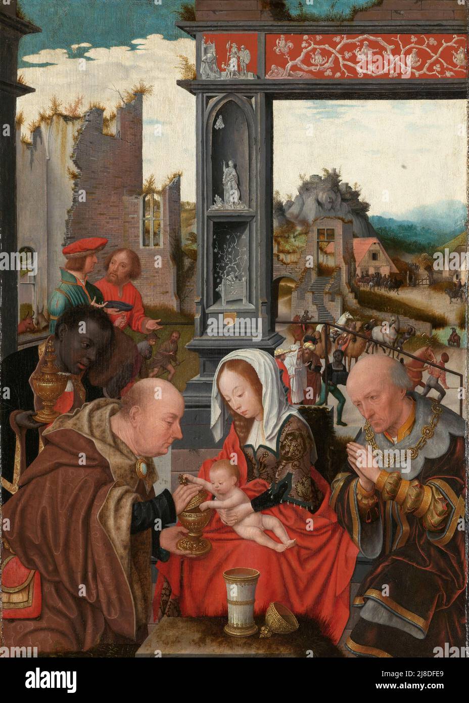 L'adoration des Magi par Jan Mostaert,. Dans ce mythe chrétien, trois sages hommes ou rois viennent visiter le nouveau-né jésus et le reconnaissent comme le messie et fils de dieu. Banque D'Images