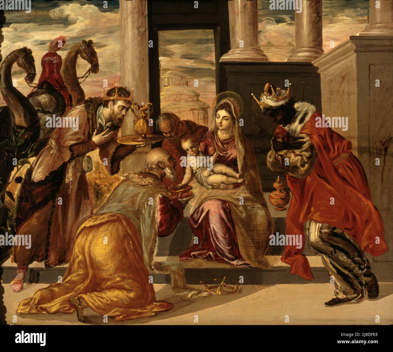 L'adoration des Magi par El Greco. Dans ce mythe chrétien, trois sages hommes ou rois viennent visiter le nouveau-né jésus et le reconnaissent comme le messie et fils de dieu. Banque D'Images