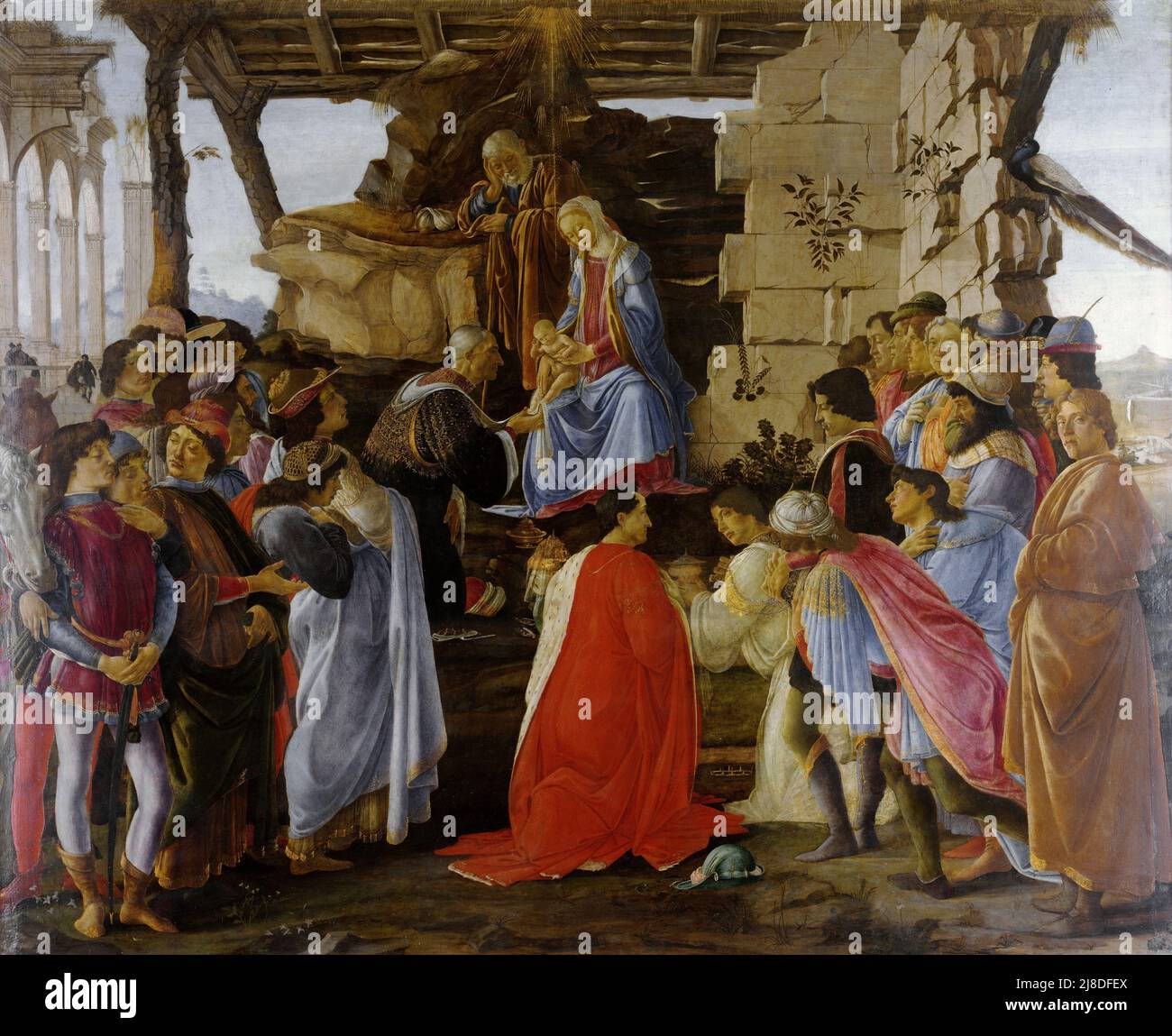 L'adoration des Magi par Sandro Botticelli. Dans ce mythe chrétien, trois sages hommes ou rois viennent visiter le nouveau-né jésus et le reconnaissent comme le messie et fils de dieu. Banque D'Images