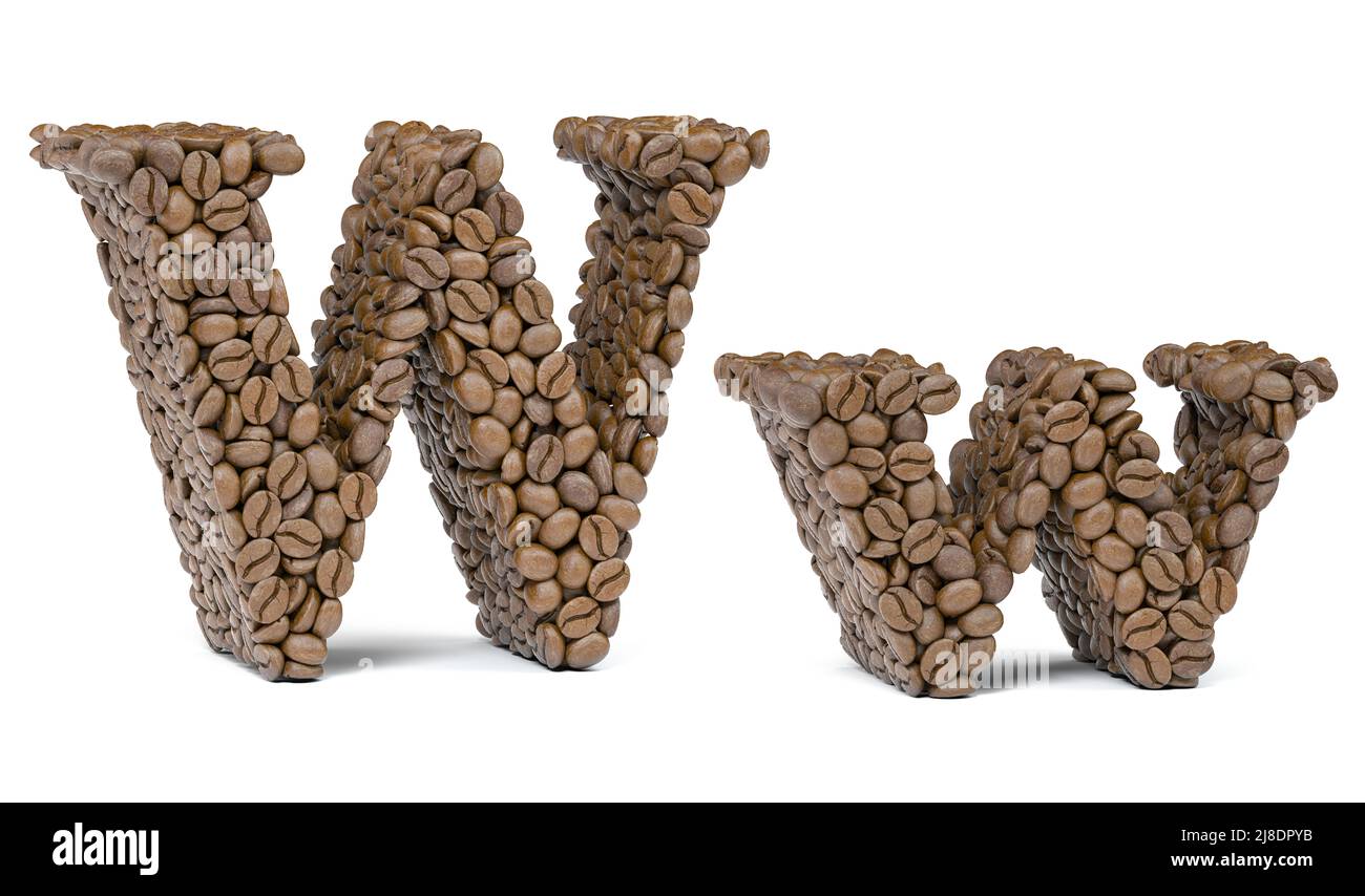 Lettre W du grain de café isoilé sur blanc. Police de l'alphabet du café. 3d illustration Banque D'Images