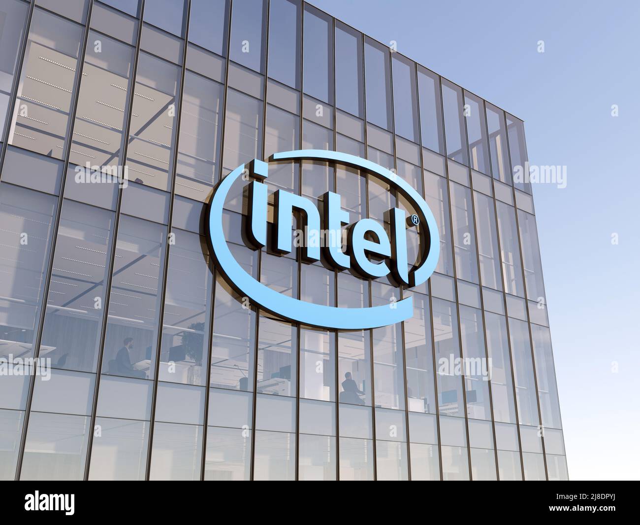 Santa Clara, Californie, États-Unis. 2 mai 2022. Usage éditorial seulement, 3D CGI. Logo Intel Corporation sur le dessus du bâtiment en verre. Workplace Technology Semicondu Banque D'Images