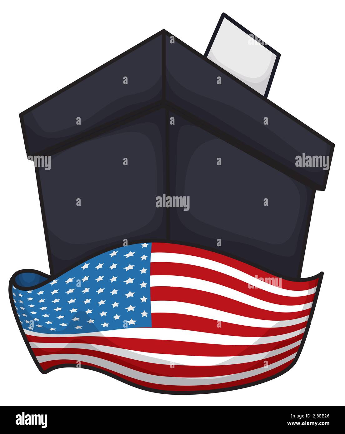 Boîte de scrutin noire avec vote enveloppé de patriotisme, orvant le drapeau des États-Unis. Design de style dessin animé sur fond blanc. Illustration de Vecteur