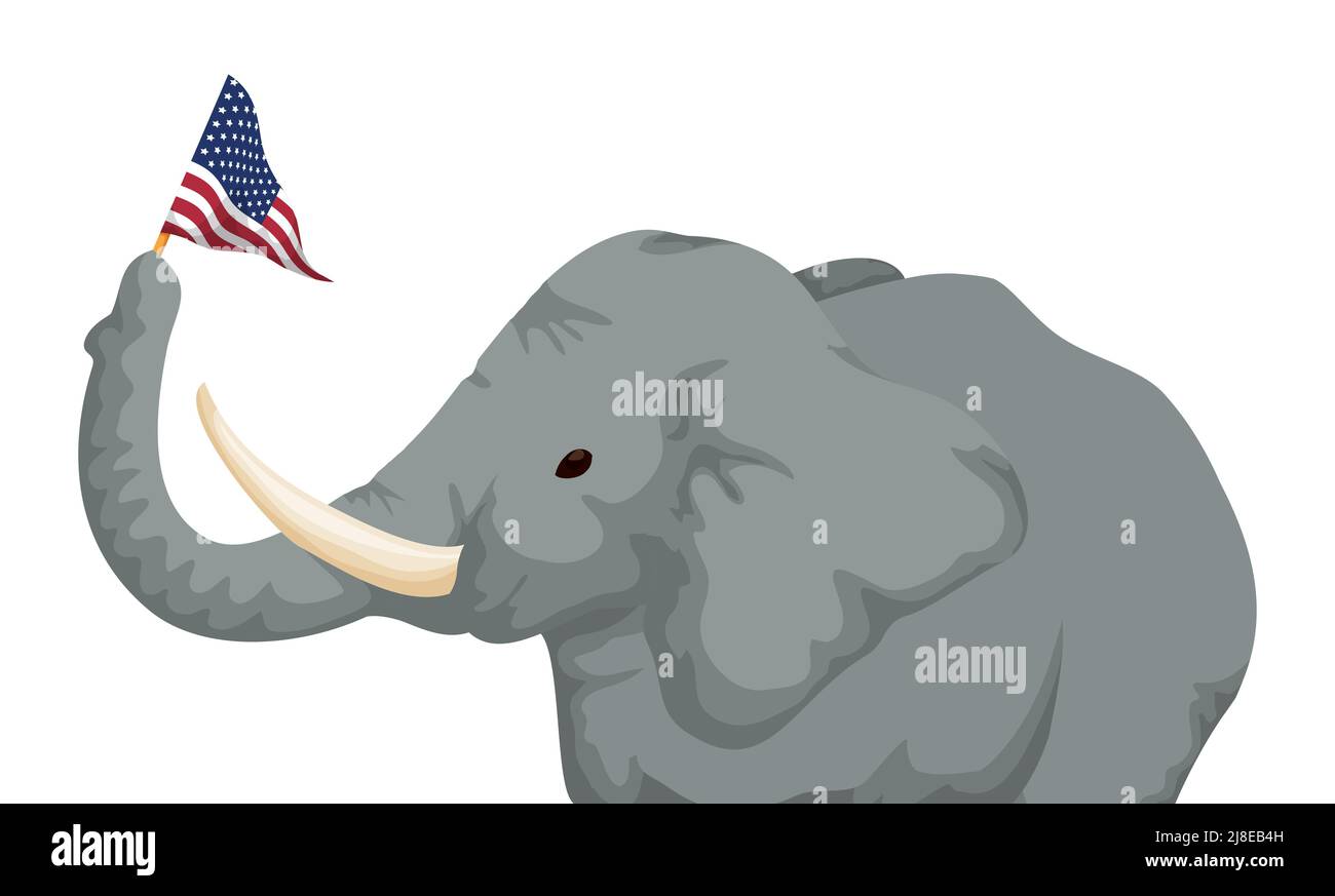 Éléphant gris élevant son tronc tout en tenant un petit pennant avec le motif drapeau des États-Unis. Illustration de Vecteur