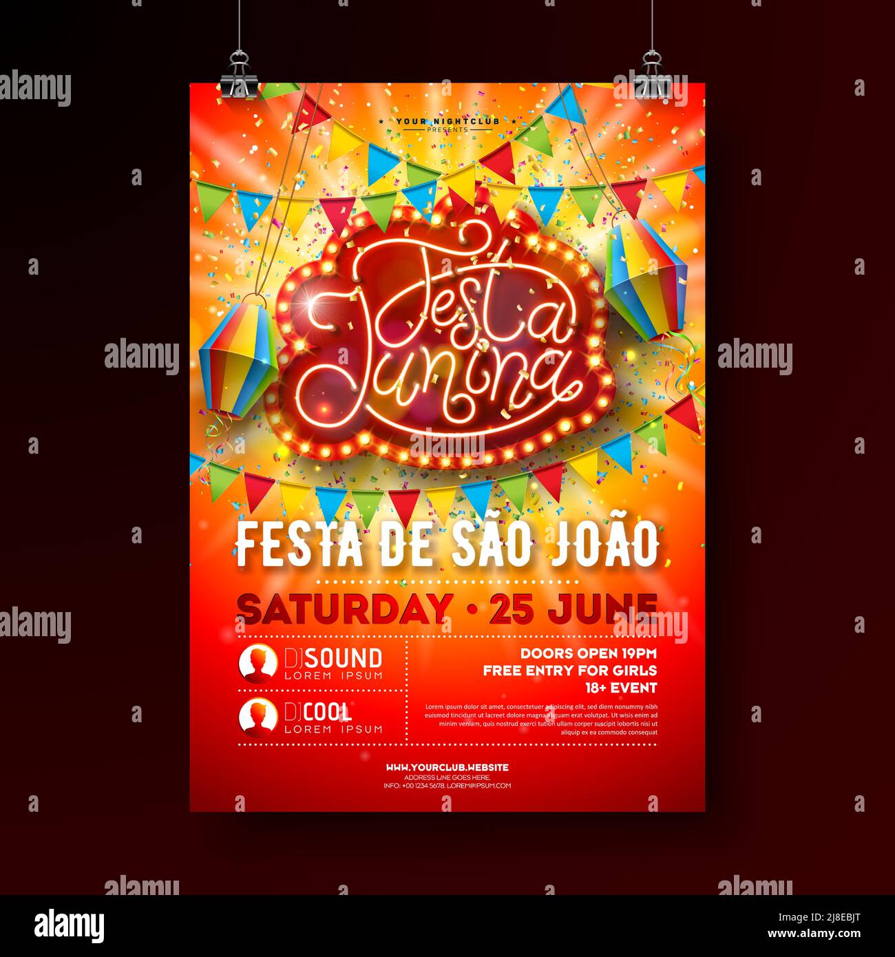 Festa Junina Party Flyer Illustration avec lanterne en papier et ampoule rétro Billboard sur fond rouge brillant.Vector Brésil juin Festival Sao Joao Illustration de Vecteur