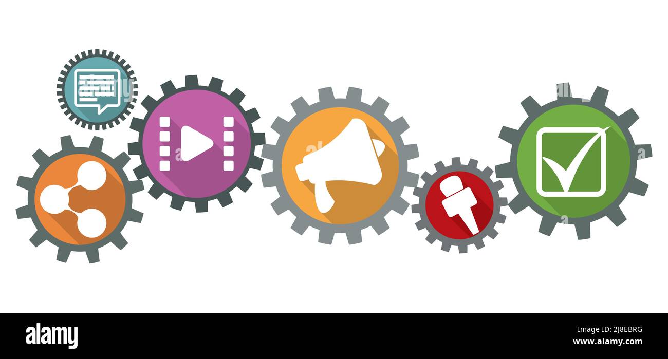 Engrenages de différentes tailles et symboles sur les médias à l'intérieur de lui: Mégaphone, microphone, partager le symbole pour les médias sociaux, contrôle carré, ballon de parole et Illustration de Vecteur