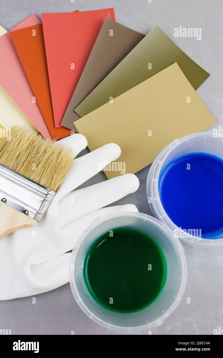 Un pinceau à manche en bois et des échantillons de peinture sur fond gris. Le choix de la couleur de peinture. Banque D'Images