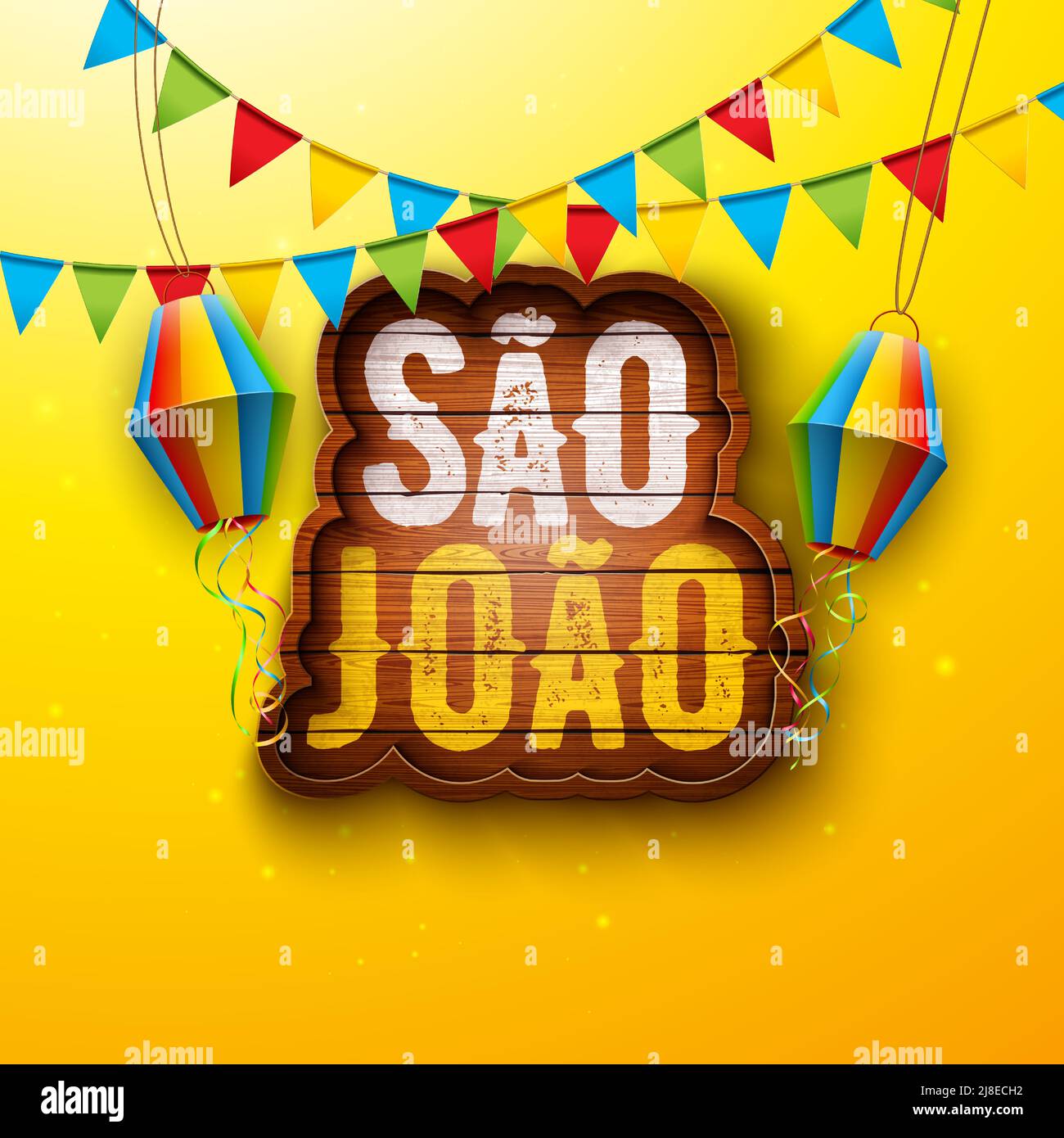 Festa Junina Illustration avec drapeaux de fête et lanterne en papier sur fond jaune. Vector Brésil juin Sao Joao Festival Design avec Typographie lettre Illustration de Vecteur