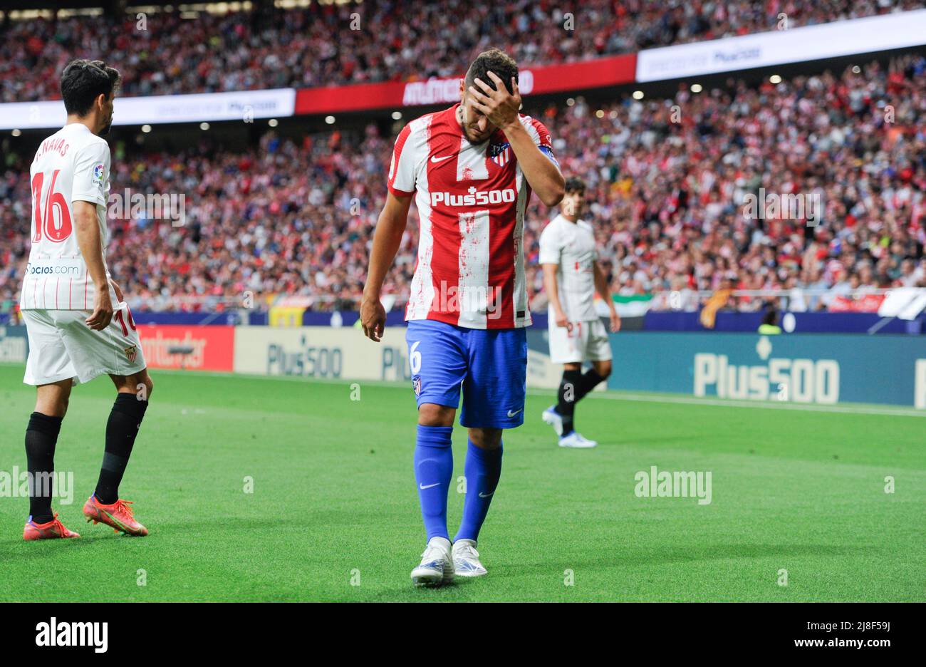 Madrid, Espagne. 15th mai 2022. Koke de l'Atletico de Madrid réagit lors d'un match de football espagnol de la Liga entre l'Atletico de Madrid et le Sevilla FC à Madrid, Espagne, le 15 mai 2022. Credit: Gustavo Valiente/Xinhua/Alamy Live News Banque D'Images