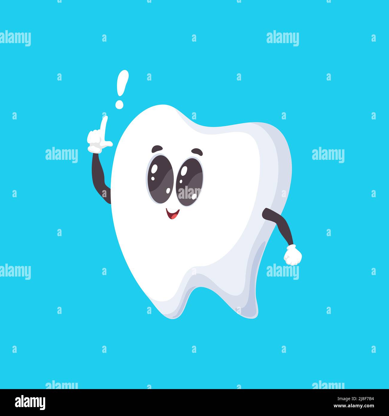 Émoticône de comique mignon de dent humaine avec point d'exclamation isolé. Emblème de clinique dentaire Vector, implantation des dents et hygiène buccale. Sourire sain, carie dentaire et prévention de la cavité, blanchiment Illustration de Vecteur