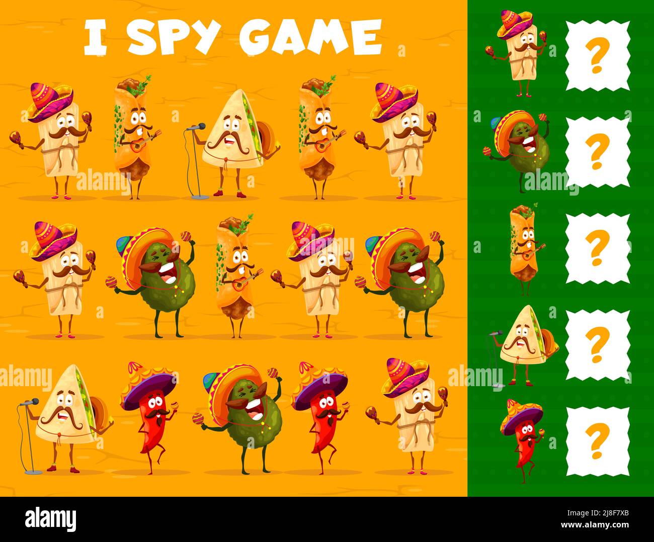 Caricature mexicaine personnages de nourriture, I SPY jeu feuille de travail. Les enfants vectoriels s'éverseront avec des personnages de tex mex tamale, avocat, enchilada, burrito et jalapeno Pepper mariachi jouant des maracas et chantant Illustration de Vecteur