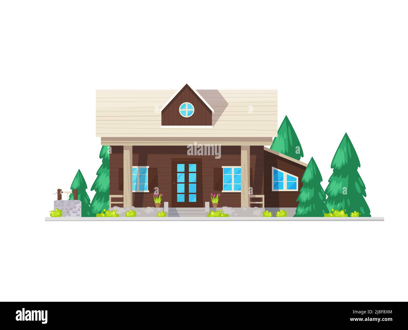 Maison résidentielle avec façade en bois, extérieur de la maison. Vector Suburban bâtiment, cottage, villa de luxe privée. Appartement avec grenier, fenêtres et corde en pierre bien, propriété isolée de village de dessins animés Illustration de Vecteur