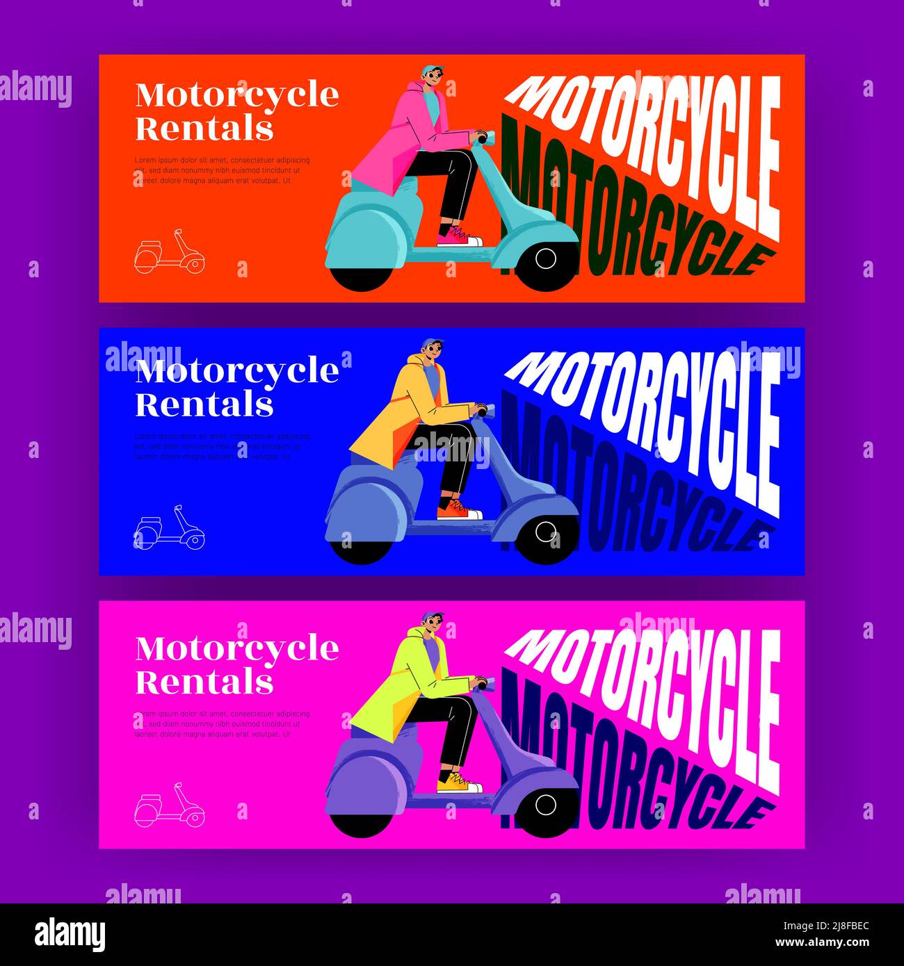Affiches de location de moto avec homme sur le scooter. Bannières horizontales vectorielles de location de moto, vente, test ou service de location avec illustration plate de caractère sur mobylette Illustration de Vecteur