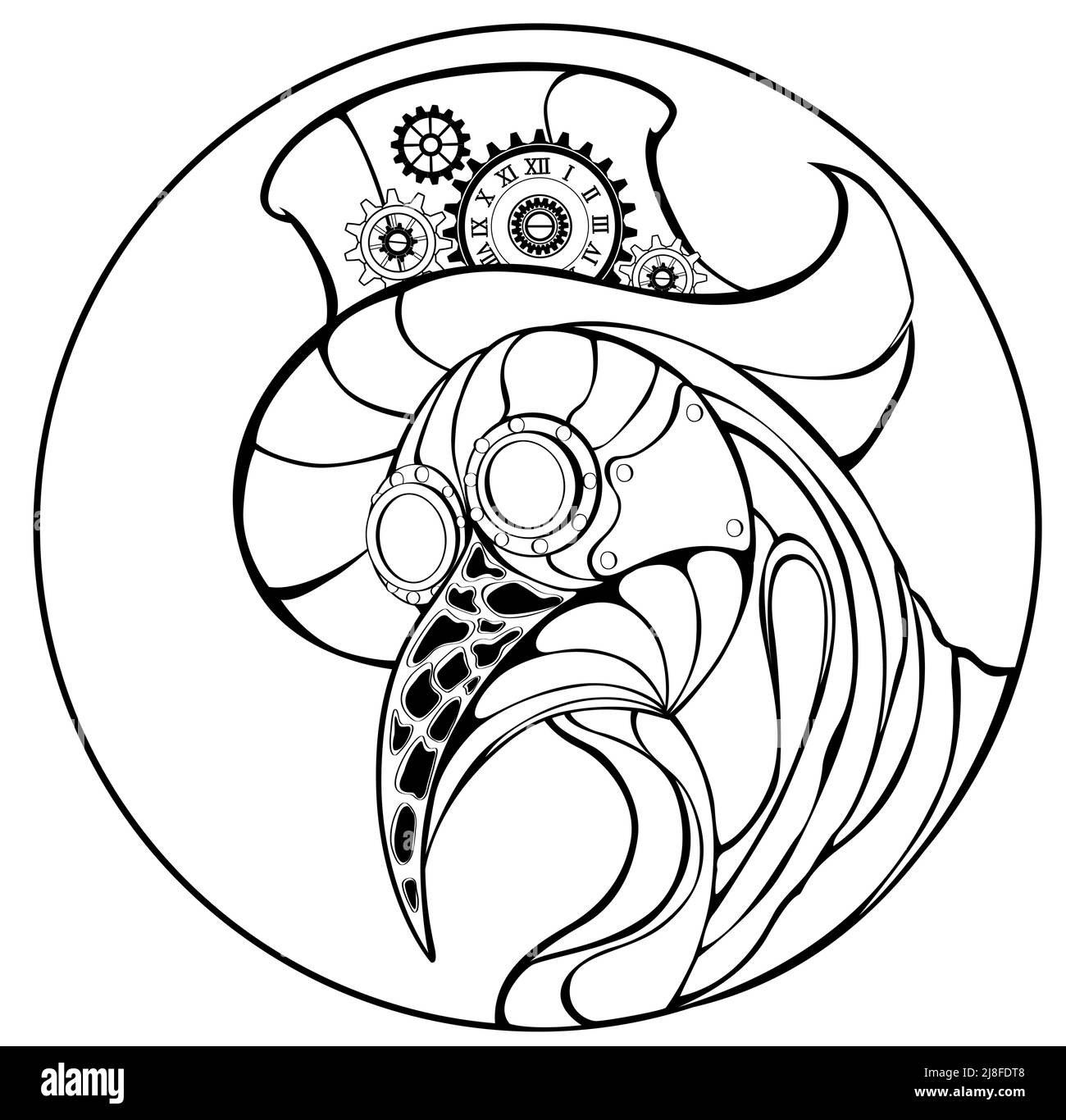 Artistiquement peint médecin de la peste dans chapeau haut chapeau décoré avec des engrenages de contour et horloge antique sur fond blanc. Style steampunk. Illustration de Vecteur