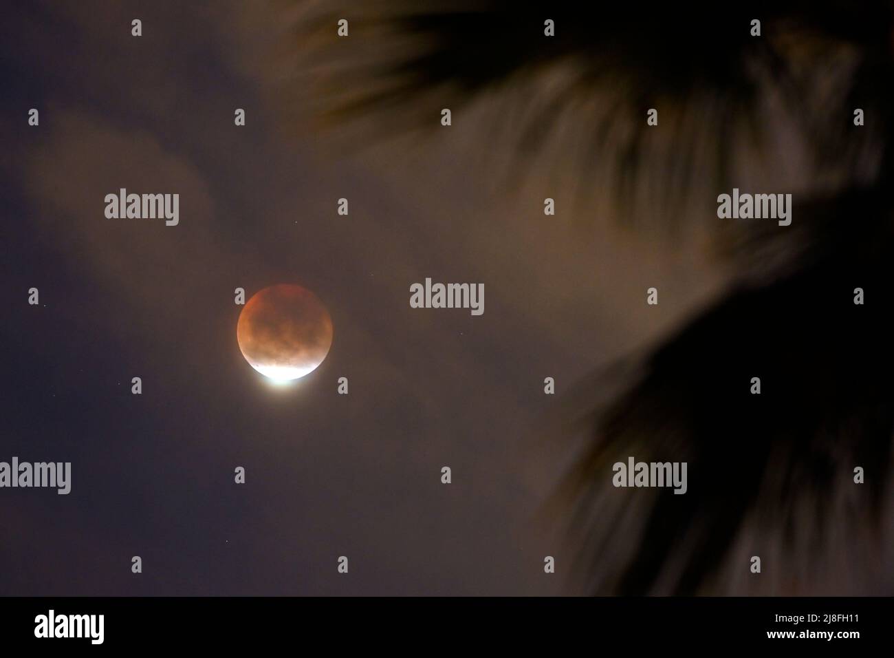 Las Vegas Nevada, États-Unis. 15th mai 2022. L'ombre de la Terre obscurcit presque totalement la vue de ce que l'on appelle la Lune de sang Super Flower lors d'une éclipse lunaire totale dimanche, 15 mai, 2022, à Las Vegas, Nevada. La prochaine éclipse lunaire aura lieu le 8 novembre 2022 et sera visible au moins partiellement en Asie, en Australie, en Amérique du Nord et dans certaines parties de l'Europe du Nord et de l'est. (Image de crédit : © David Becker/ZUMA Press Wire) Banque D'Images
